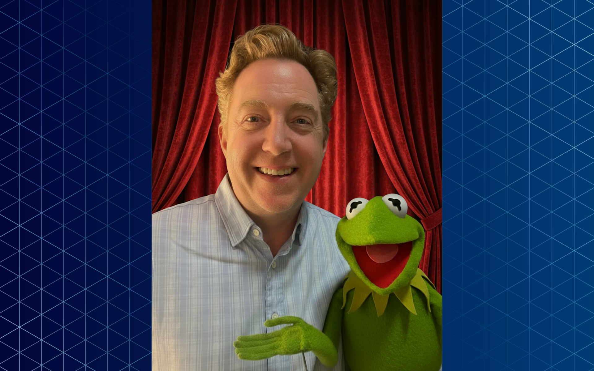 UCD alumnus Kelly Younger posing with Kermit the Frog.